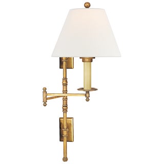 Chapman & Myers for Visual Comfort Signature Dorchester Double Backplate Swing Arm in Antique-Burnished Brass with Linen Shade For Sale