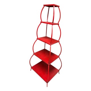 Vintage Chinoiserie Red Metal Pagoda Etagere For Sale