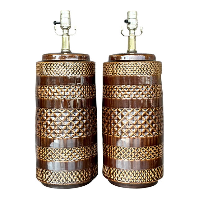 Vintage Boho Glazed Ceramic Band Lamps - a Pair For Sale