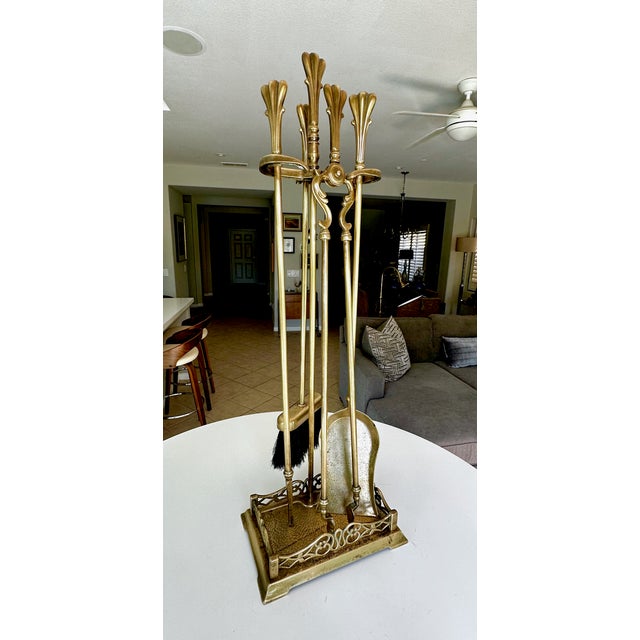 Metal Vintage French Louis XVI Style Brass Fireplace Tool Set / Fleur-De-Lis Finial For Sale - Image 7 of 18