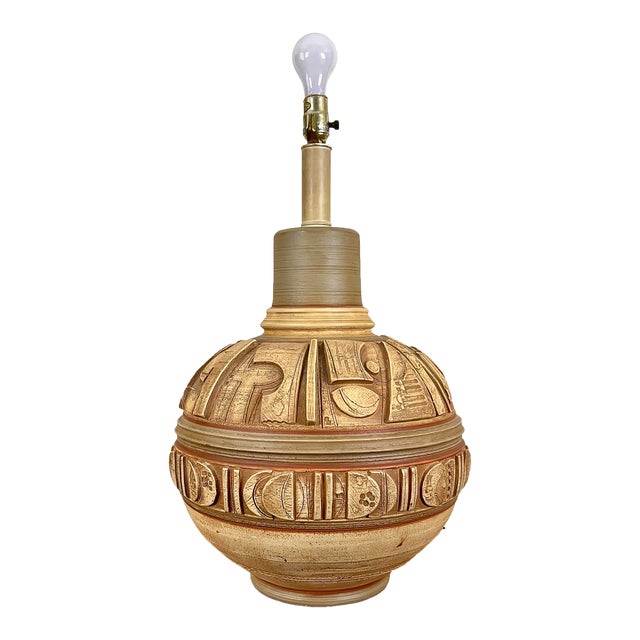 Large Ceramic Table Lamp With Geometric Engraved Details | by Casual Lamps of California For Sale