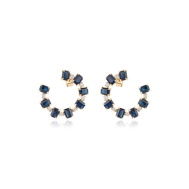 4.07ct Sapphire Diamond Geometric Open Hoop Earrings in 14k Yellow Gold- A Pair For Sale - Image 4 of 14