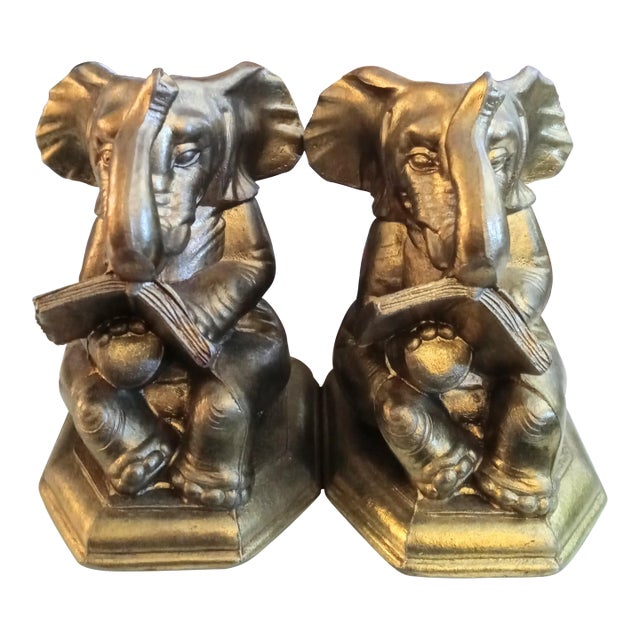 Vintage Elephant Reading a Book Metal Gold Bookends- a Pair For Sale