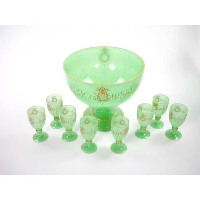 French Green Opaline Baccarat Crystal Engraved & Gilt Napoleon III Punch Bowl For Sale - Image 10 of 10