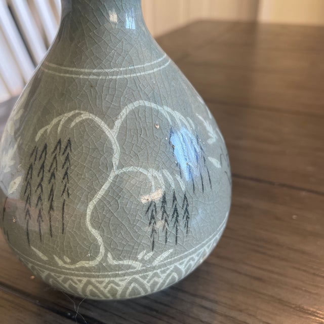 1970s Mid-Century Studio Celadon Double-Gourd Vase With Inlaid Lotus and Medieval Seal Mark For Sale - Image 6 of 12