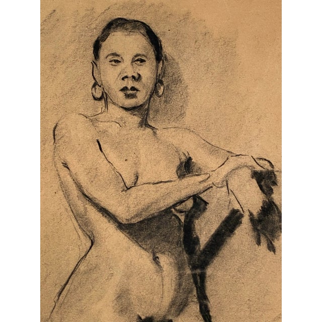 Finely rendered charcoal nude drawing of a beautiful Black woman. This portrait speaks. Signed by the artist, Peter...