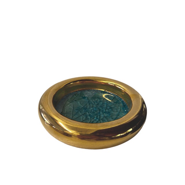 Gold-tone and blue cracked glass Waylande Gregory ashtray with brand stamp at underside. Beautifully handcrafted in Peru.