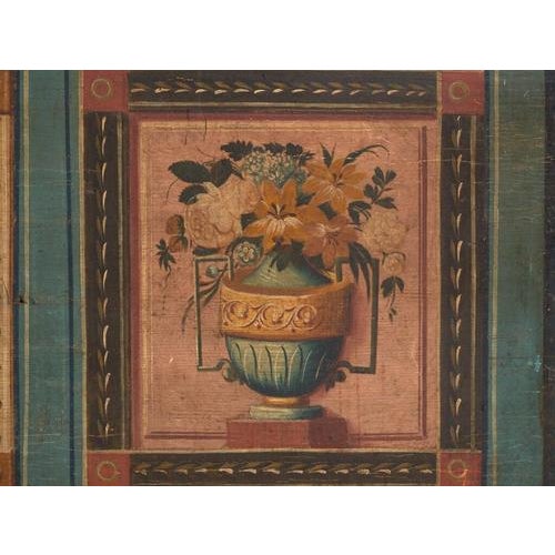This antique painted marriage chest in pine is a Central European dowry chest with a painted landscape, neoclassical vases...