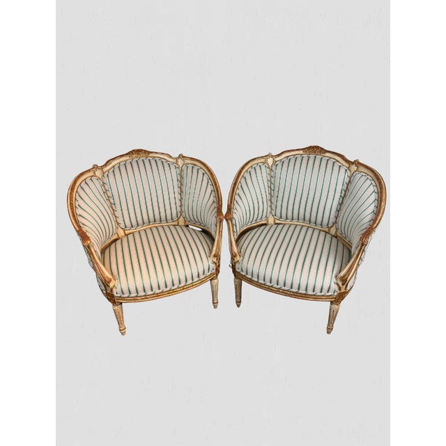 Painted Frame 3 part back. Upholstered in a beautiful green and cream stripe fabric front and seat. Embroidered floral...