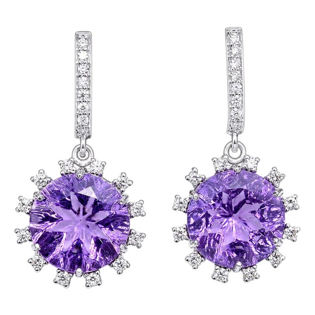 Natural Amethyst 6.06cts & Diamond 0.41cts Earring in 14k Gold For Sale