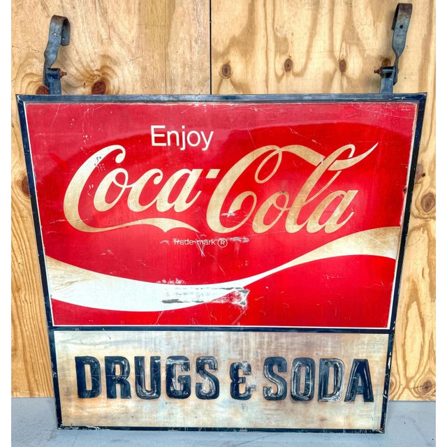 1960s Coca-Cola Trade Sign 'Drugs & Soda' From WPB, Florida Clematis Street For Sale - Image 4 of 12