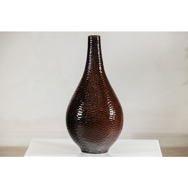 Contemporary Large Deep Mahogany Brown Artisan Ceramic Vase with Honeycomb Texture For Sale - Image 3 of 18