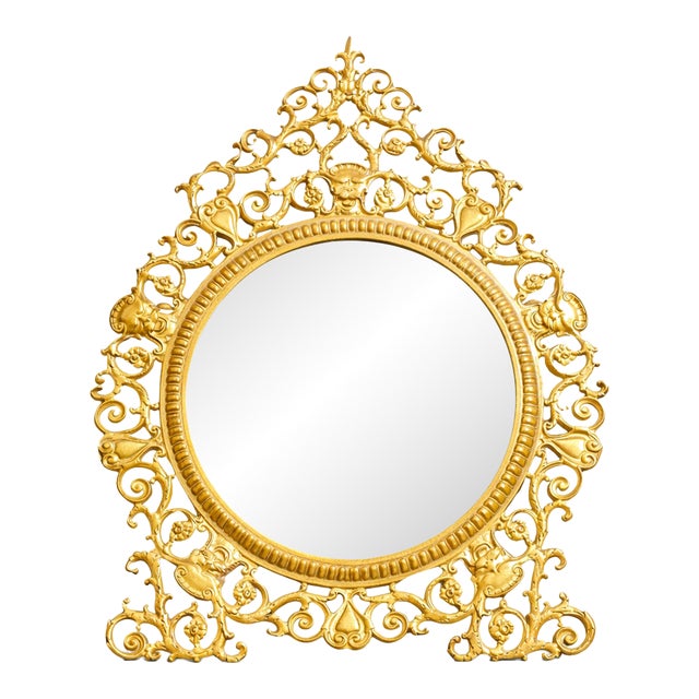 Ornate Scroll Floral Brass Metal Easel Back Frame With Circular Mirror Dresser For Sale