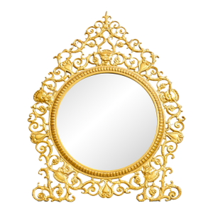 Ornate Scroll Floral Brass Metal Easel Back Frame With Circular Mirror Dresser