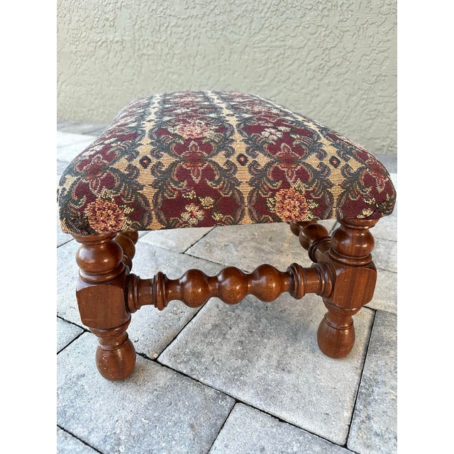 Late 19th Century Antique 19th Century Bobbin Leg Upholstered Wood Footstool For Sale - Image 5 of 12