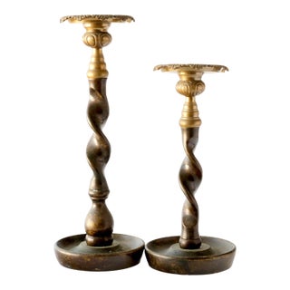 Heavy Metal and Brass Candle Holders, Pair For Sale