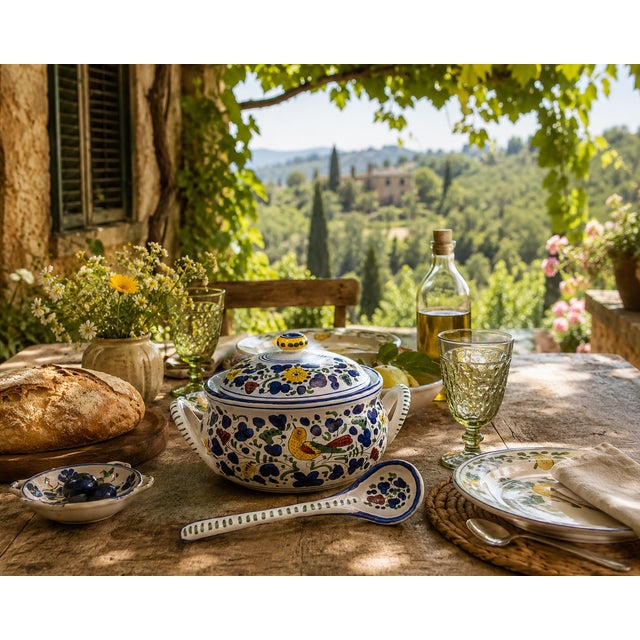 Authentic, hand-painted ceramic tureen and matching ladle set from the legendary FIMA Deruta studio in Italy. Featuring a...