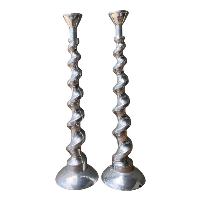 Vintage Spiral Aluminum Candle Holders - A Pair For Sale
