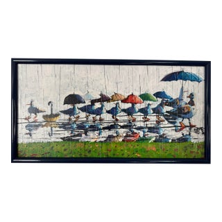 Whimsical Original Oil Painting of Ducks With Umbrellas For Sale