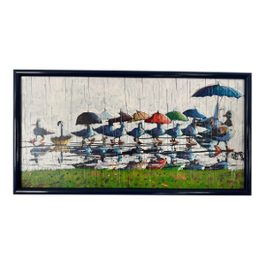 Whimsical Original Oil Painting of Ducks With Umbrellas
