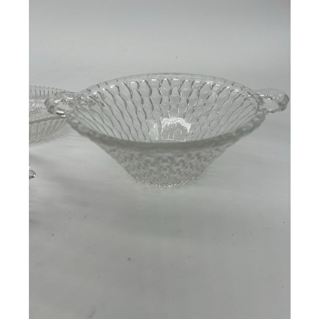 Three excellent examples of depression glass. Two are relish dishes in the feather and pearl pattern. Notice the detailed...