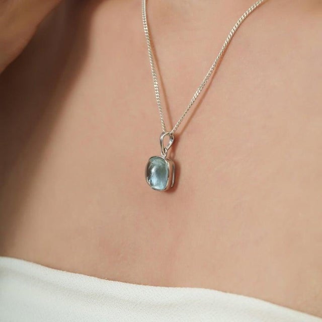 Gemstone Cushion Cut Aquamarine Bezel Set Solitaire Pendant in 925 Sterling Silver For Sale - Image 7 of 14