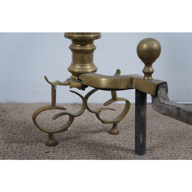 Metal Antique Georgian Colonial Revival Brass Cannonball Andirons Fireplace Fire Dogs- Set of 2 For Sale - Image 7 of 12