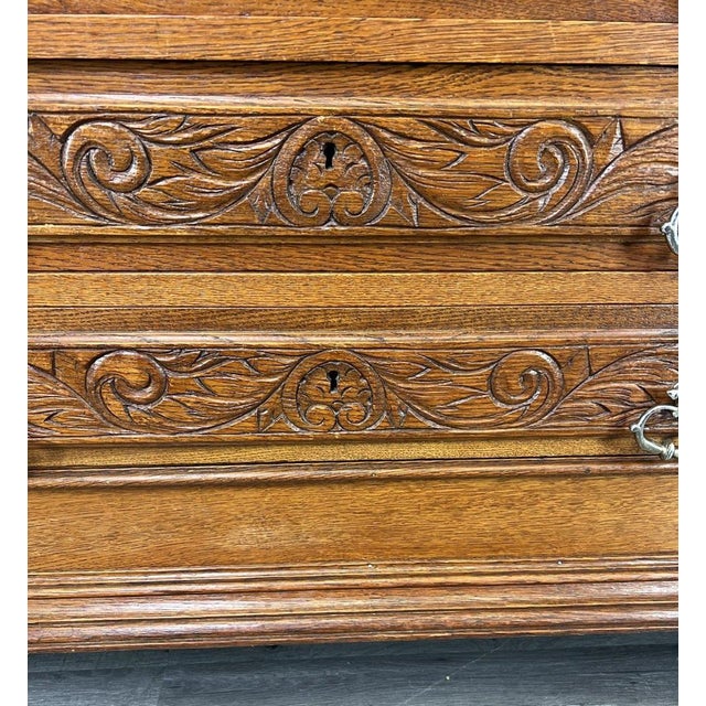 Antique French Style Carved Oak Chest of Drawers with Marble Top For Sale - Image 9 of 18