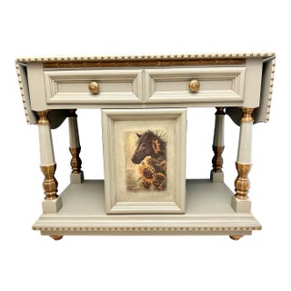 1973 Thomasville Server, Entryway, Buffet, Bar, Equestrian Themed, Sage Green For Sale