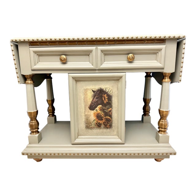 1973 Thomasville Server, Entryway, Buffet, Bar, Equestrian Themed, Sage Green For Sale