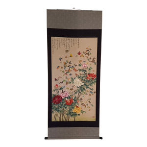 Vintage Chinese Hanging Scroll Painting — Hundred Butterflies & Peonies With Calligraphy, Silk Brocade Mount