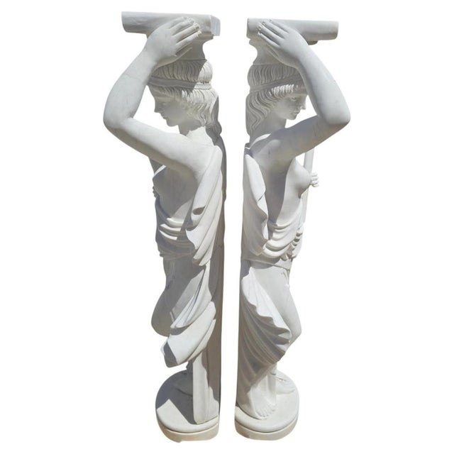 Italian Classical Marble Pedestals with Sculpted Figures, 1980, Set of 2 For Sale - Image 14 of 14