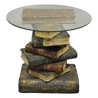 Vintage Regency Style Figural Faux Stacked Book Form Round Glass Top Side Table For Sale