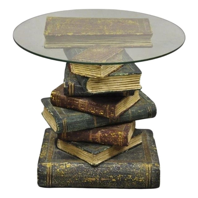 Vintage Regency Style Figural Faux Stacked Book Form Round Glass Top Side Table For Sale