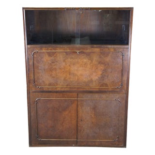 1940s Mid Century Walnut Burl Carved Secretary Writing Desk Bookcase Bureau Cabinet For Sale