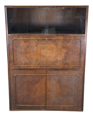 1940s Mid Century Walnut Burl Carved Secretary Writing Desk Bookcase Bureau Cabinet