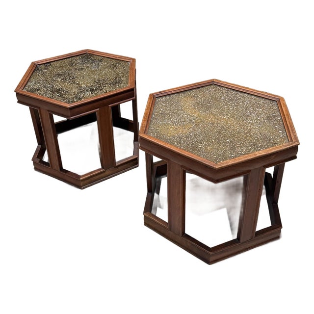 John Keal for Brown Saltman Hexagonal Pair Side Table Walnut Enamel For Sale