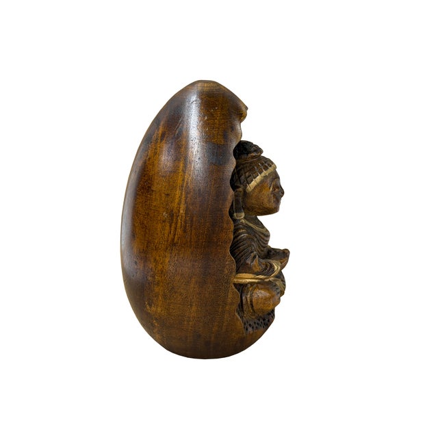 Vintage Oval Egg Shape Wood Relief Carved Buddha Meditation Figure For Sale - Image 4 of 8