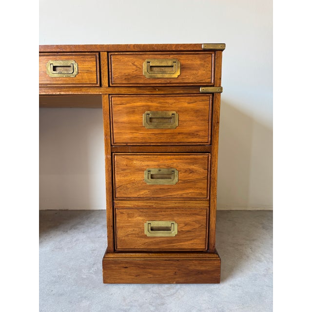 1970’s Hollywood Regency Military Campaign Style Executive Desk With Brass Hardware For Sale - Image 11 of 12