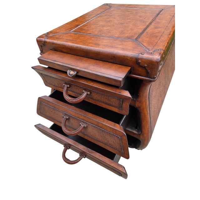 1990s Thomasville Leather Wrapped Rattan Side End Table Trunk East Indies W/ Storage For Sale - Image 10 of 12