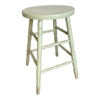 Early 20th Century Vintage English Country Pale Green Wooden Stool For Sale