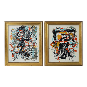 Pair of Mid-Century Abstract Oil Paintings by Rocco Monticolo (R. Monti)