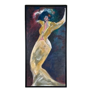Late 20th Century Large Original Figurative Expressionist Female Dancer Oil Painting Framed For Sale