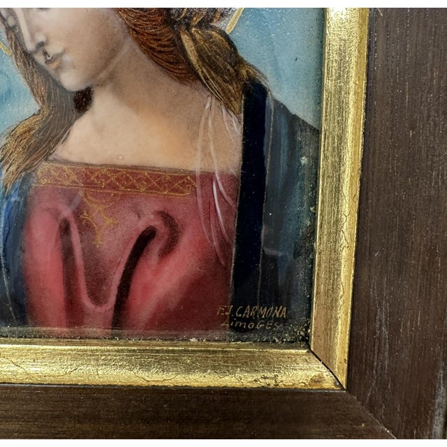Paint Antique Vintage French Religious Enamel on Copper Virgin Mary Fj Carmona Limoges For Sale - Image 7 of 11