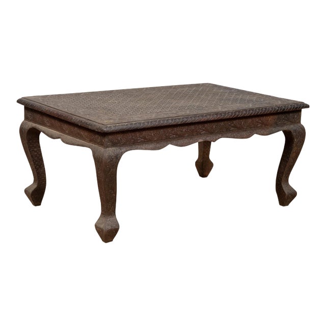 Vintage Indian Coffee Table with Brushed Metal Patina over Wood and Floral Décor For Sale