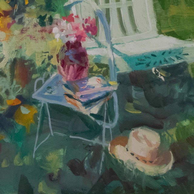 This artwork captures a serene backyard scene, featuring a white metal chair beside a small table adorned with a vase of...
