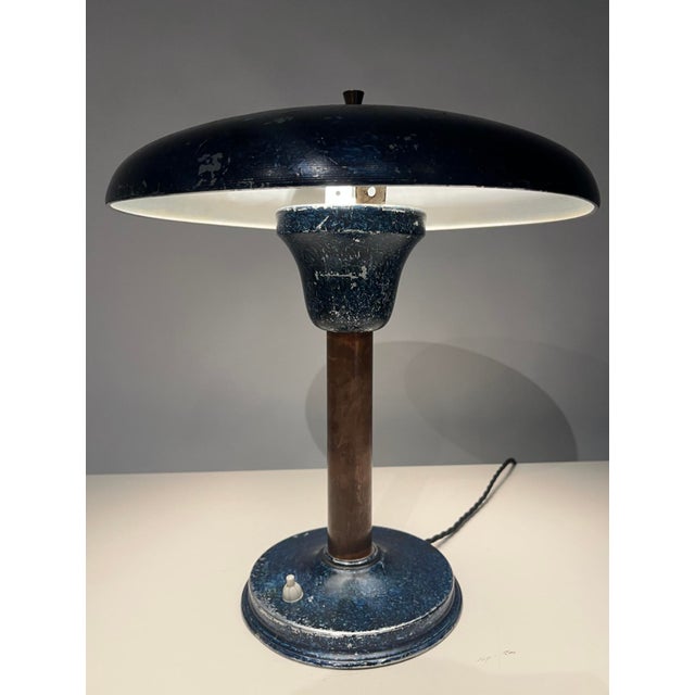 Bauhaus Industrial Blue Mushroom Desk Light in Aluminium and Copper, Germany, 1950s For Sale - Image 3 of 16