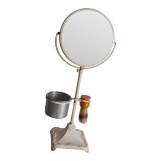 Vintage 1920's Shaving Stand of Cast Iron With Cup and Bakelite Brush and Beveled Glass Swing Mirror For Sale