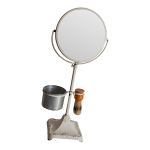 Vintage 1920's Shaving Stand of Cast Iron With Cup and Bakelite Brush and Beveled Glass Swing Mirror