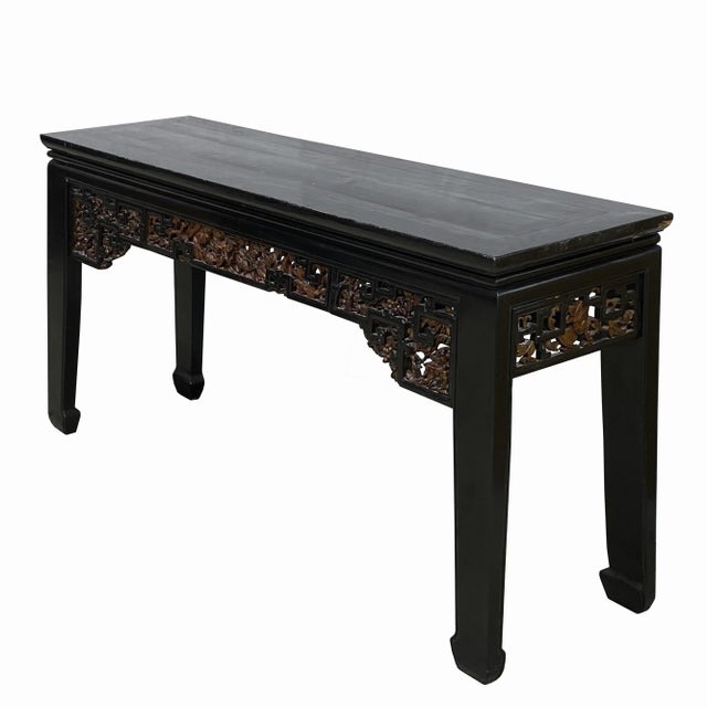 1960s Chinese Vintage Black Golden Carving Long Altar Console Table For Sale - Image 5 of 8
